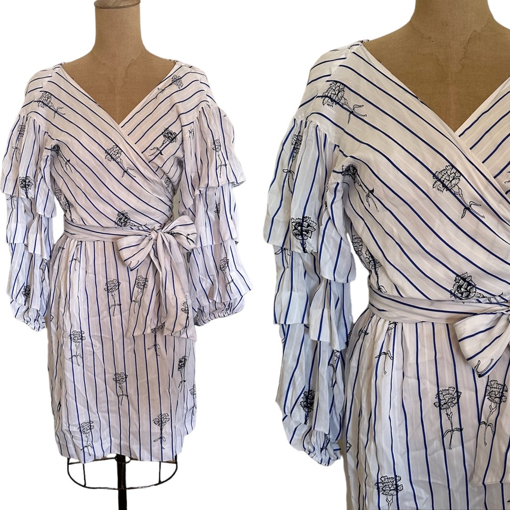 Club Monaco 2 White/Blue Striped Floral Rowlen Wrap Mini Dress